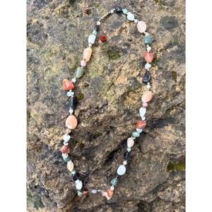 Natural Stone Beaded Necklace Mixed Gemstone Chip Boho Earthy Jewelry